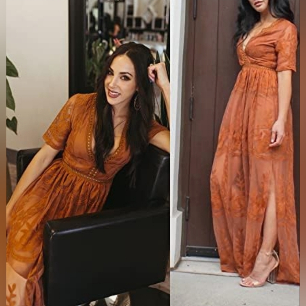 Beautiful Embroidered Rust Lace Maxi Romper - Picture 3 of 4